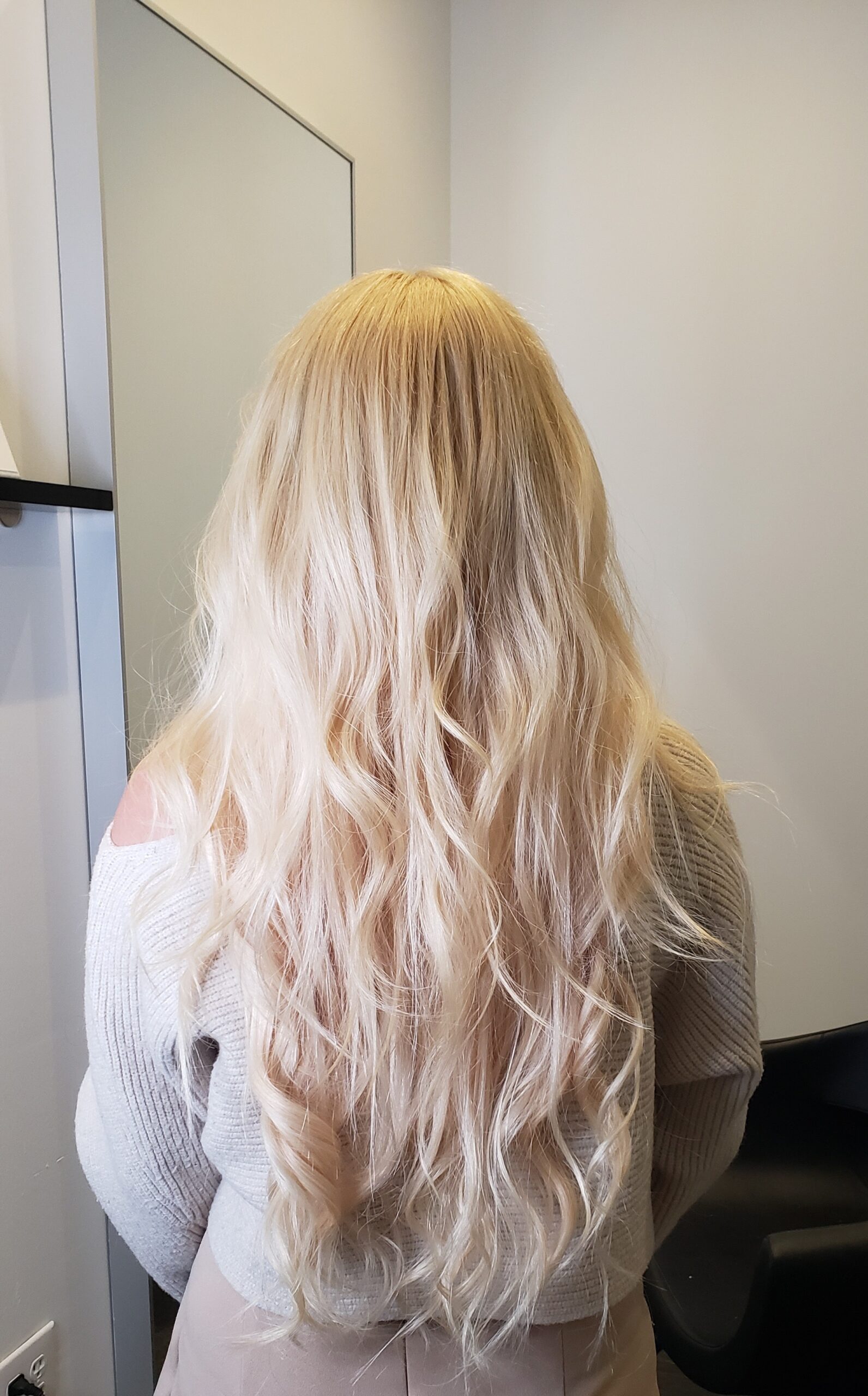 Back view of long, wavy blonde hair